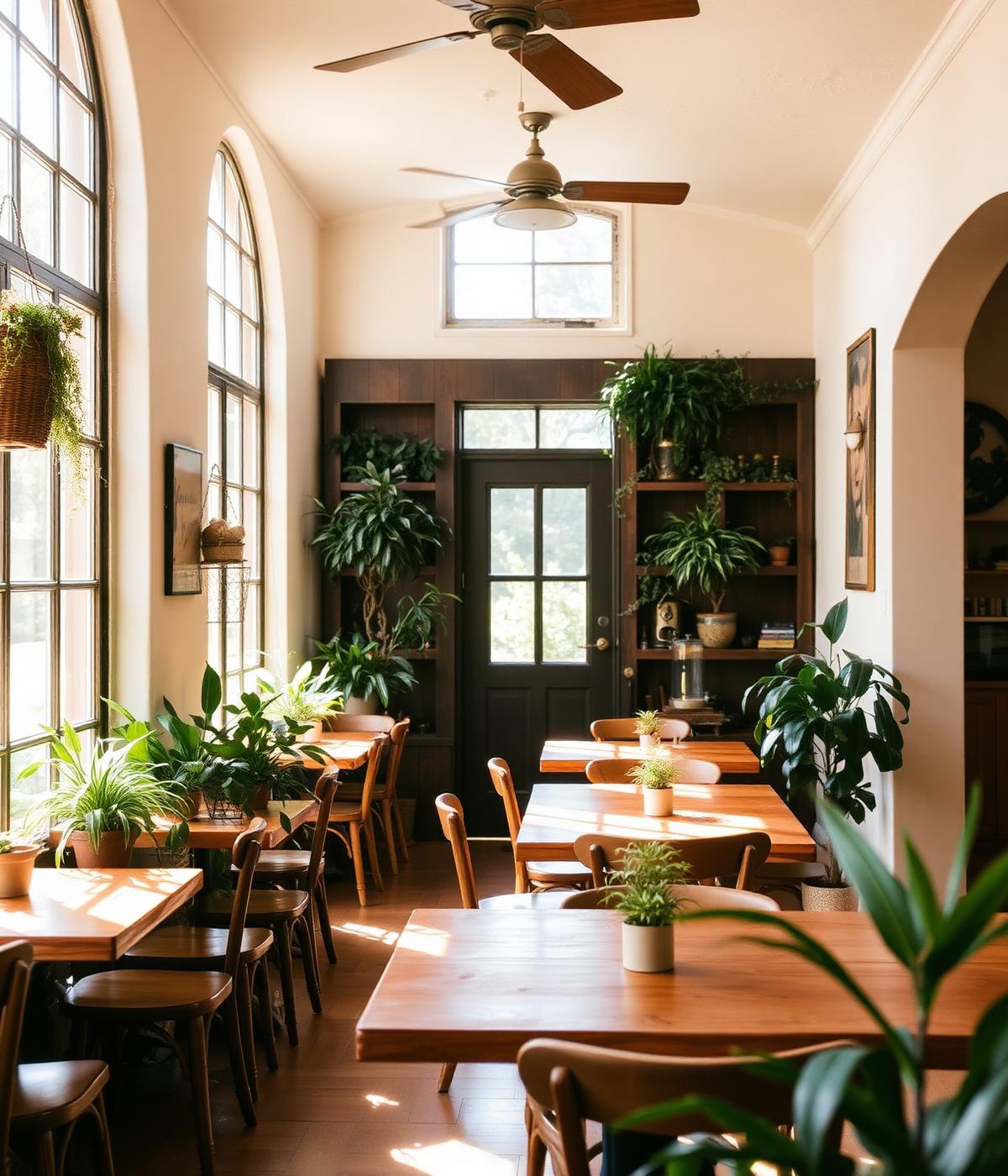 Inside Sheila's Cafe — warm wood, sunlit windows, plants